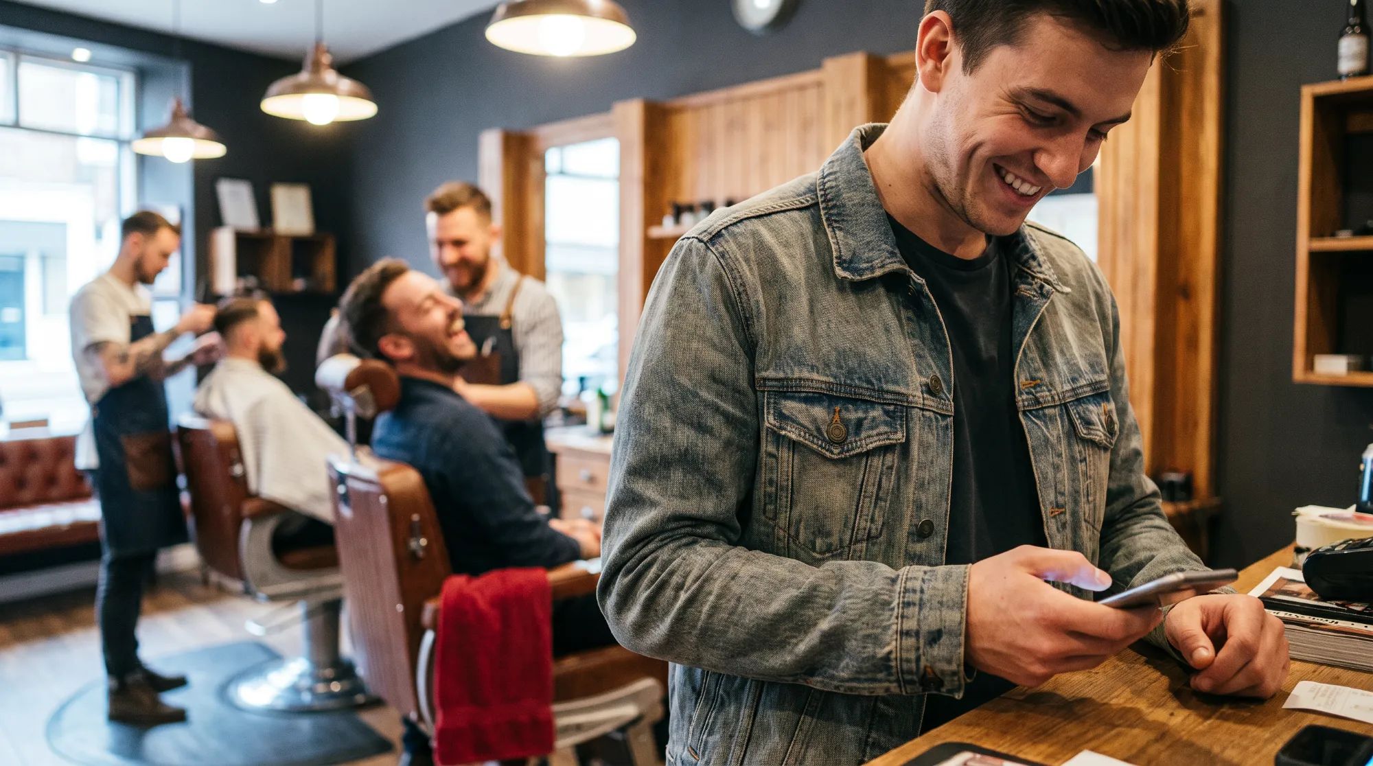A smiling man in a denim jacket booking his next haircut on his phone at the counter of a New York barbershop while barbers work and laugh in the chairs behind him