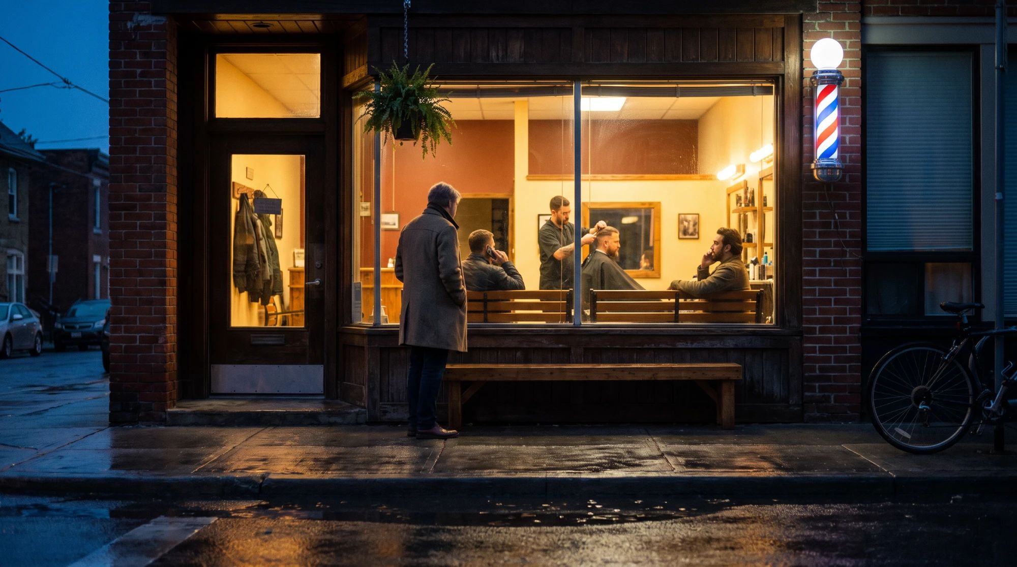 A neighborhood barbershop storefront at dusk with a glowing barber pole, a barber cutting hair in the lit window, and a passerby in a coat looking in